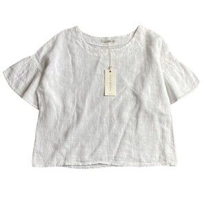 NEW Viola Borghi M Cropped Top White 100% Linen Short Ruffle Sleeves